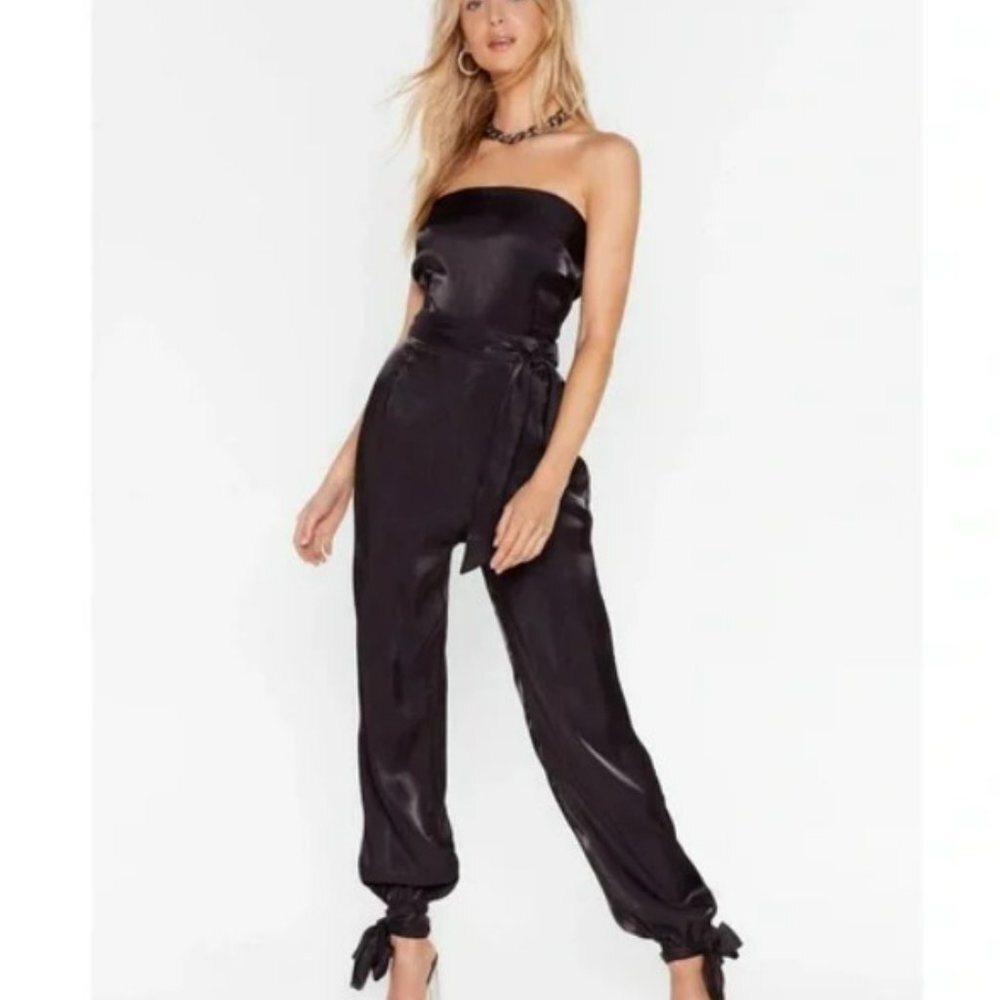 Nasty Gal Black Satin Belted Strapless Jumper Jumpsuit with Ties Size 4